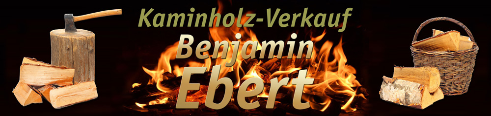 Kaminholzverkauf Benjamin Ebert - mittig Text vor Flammen, links Holzblock und rechts ofenfertiges Brennholz im Tragekorb